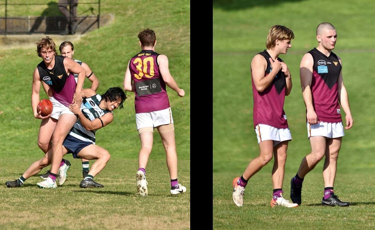 Asbjorn Williamson with ball in hand, Seve Stefanakis (30), William Buddick and Ryan Morrisey in the Reserves Round 8 game at Old Geelong's Como Park