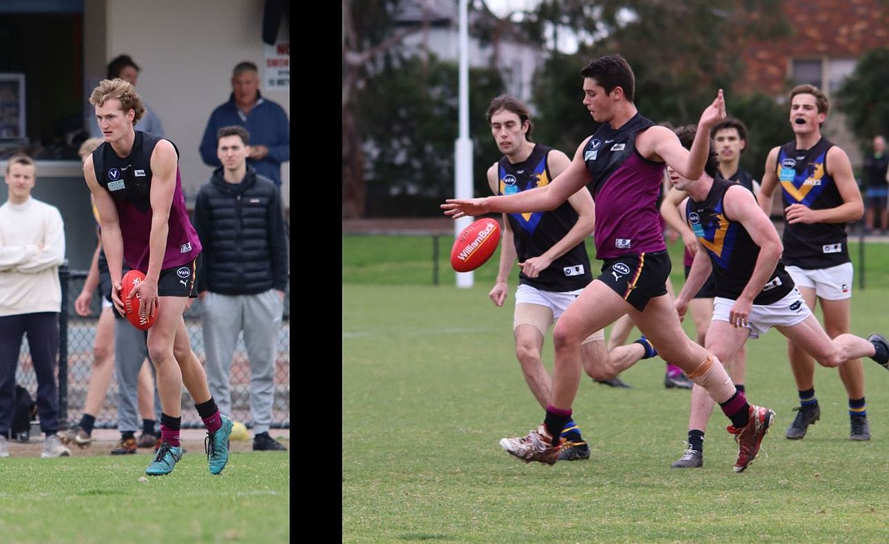 In the earlier Under-19 game, Bailey Yates takes a shot at goal and ruckman Ethan Hardeman kicks on the run