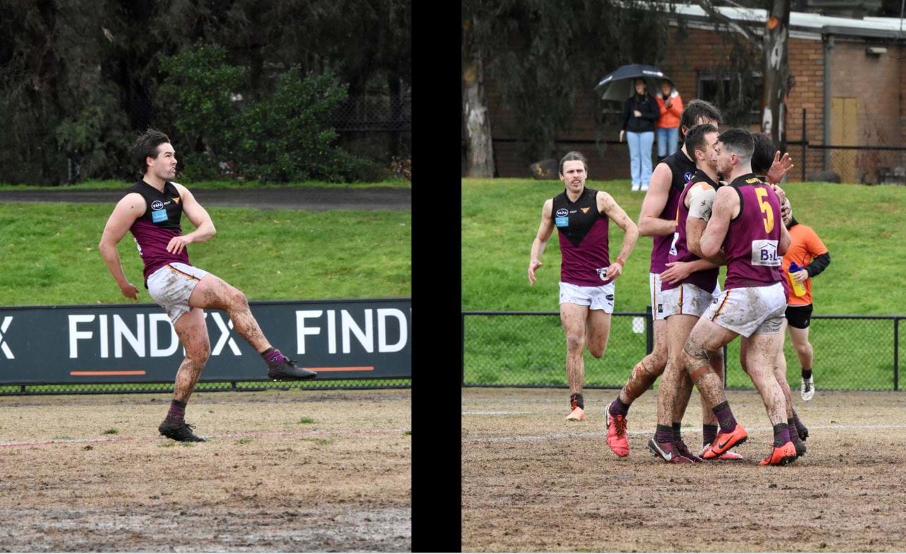 Jack Munro kicks the first goal of the match, one of only four between both teams for the day