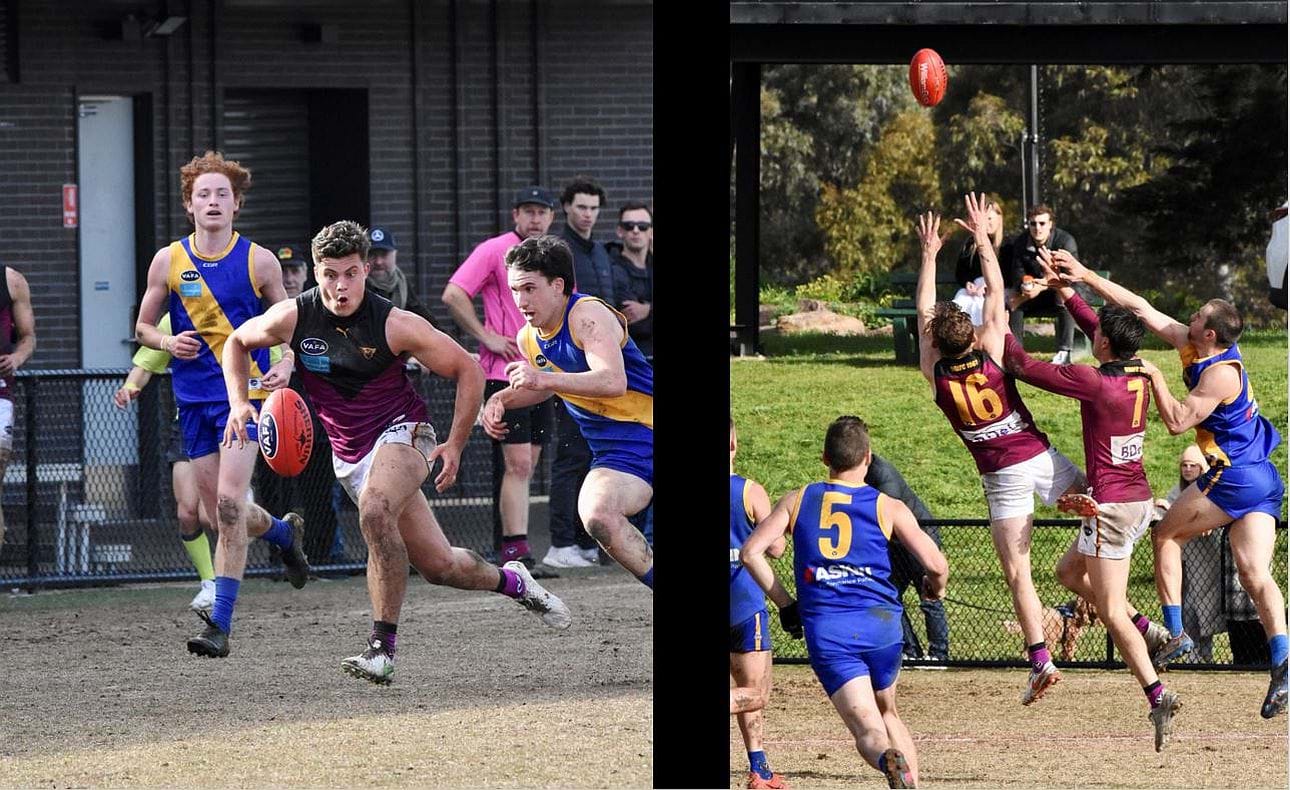 Billy Mackay swoops on his wing, Raynor Seccull (16) reaches for the sky backed up by Noah Gown (7)