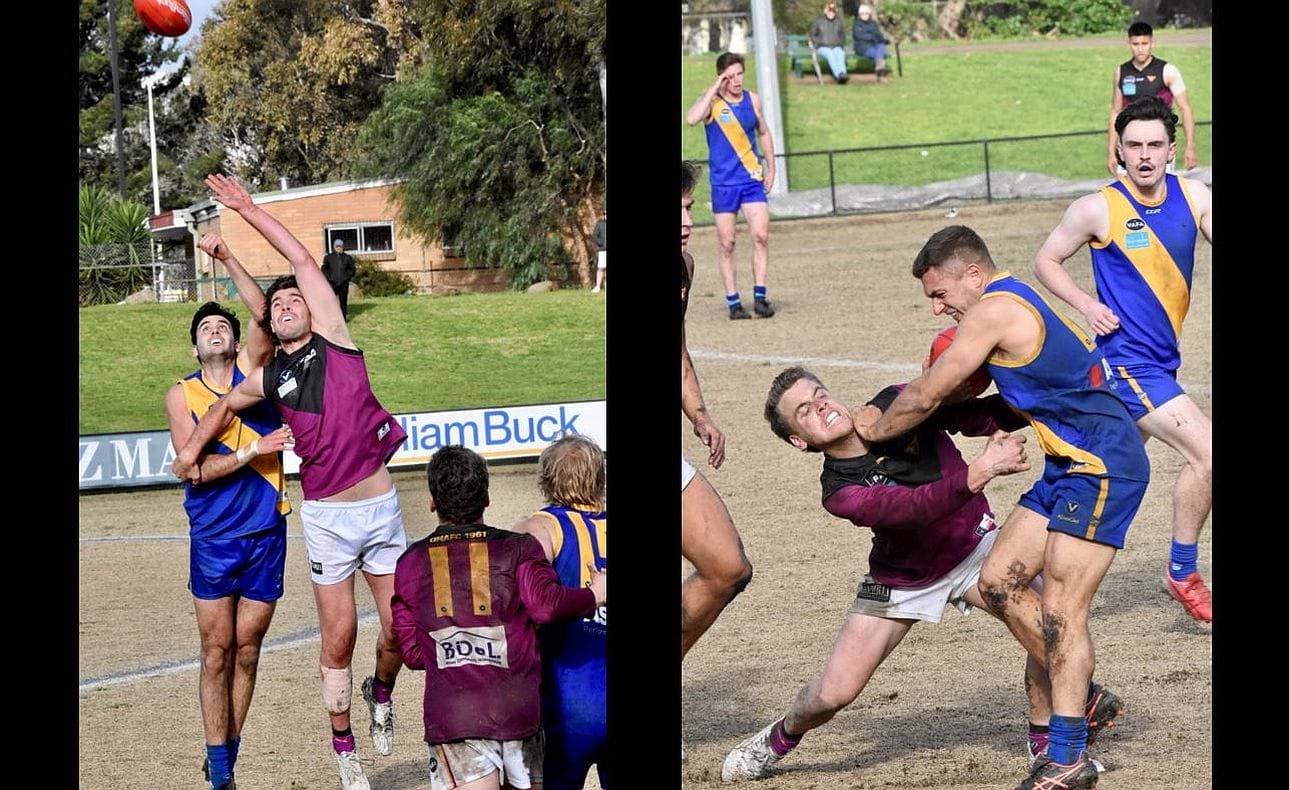 Austin Bradtke in ruck; Jack Lonie (11) wrestles with Beauie's Joel Di Natali