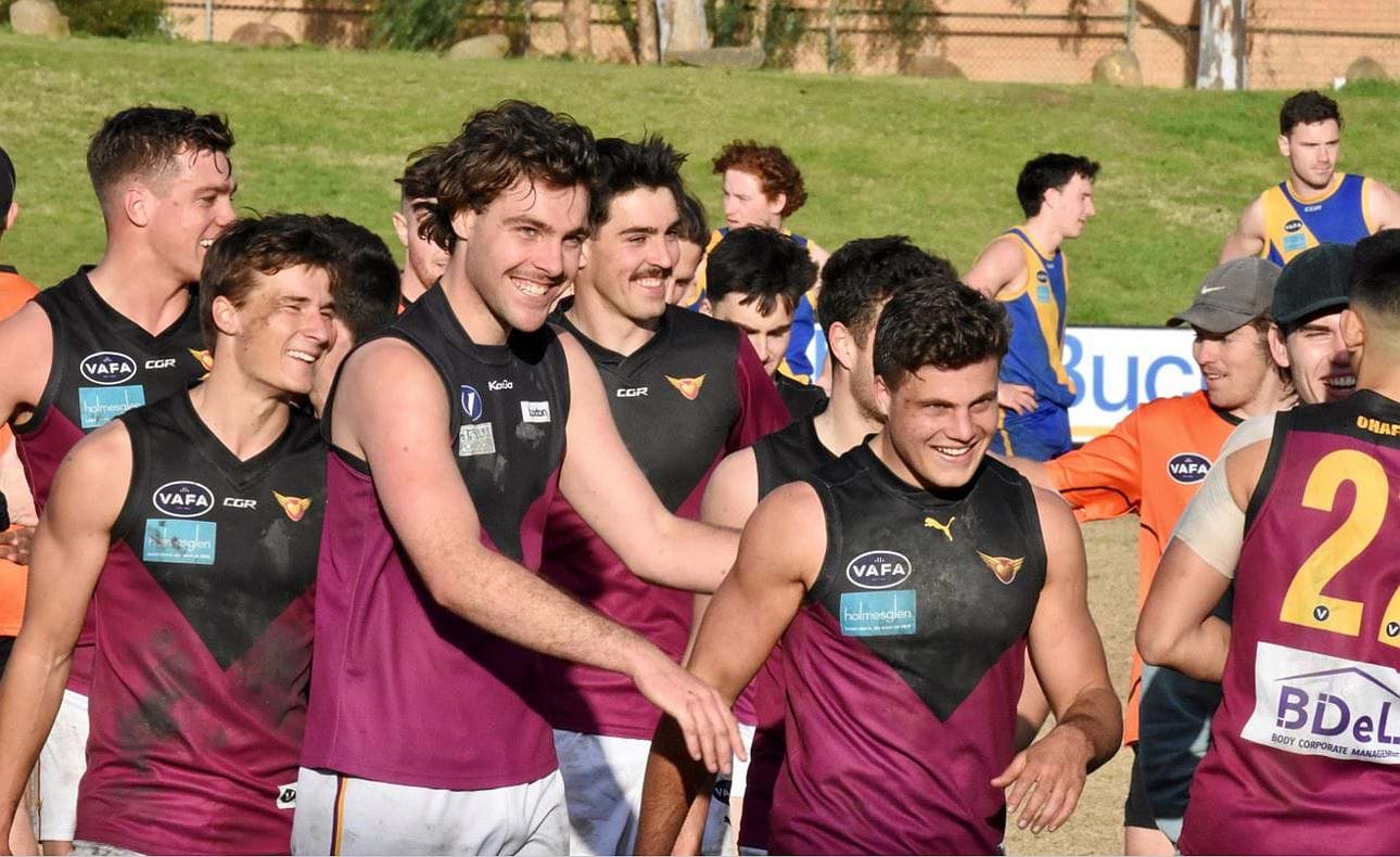 All smiles after the game are some of the VFL contingent Lachie Riley, Austin Bradtke, Noah Gown and Billy Mackay