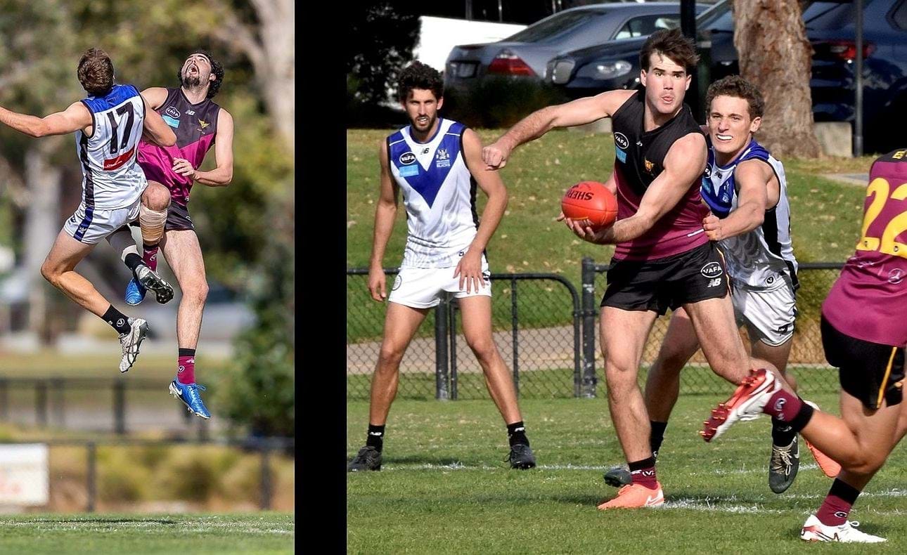 Ruckman Jack Bell and midfielder Josh Gasparini doing their thing at the centre bounce