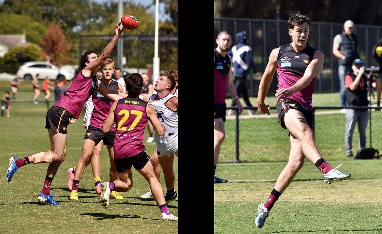 Ruckman Jack Bell gets his tap away in front of Mattias Rose and debutant Olli Hotton (27), while Lachie Vaughan clears from defence