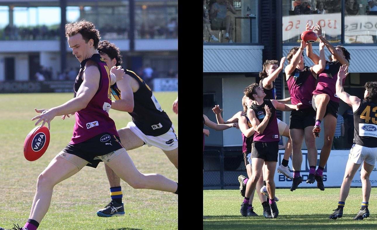 Jake Black heads down the wing; Max Walstab looks likely to take the mark despite Jack Kennedy's efforts