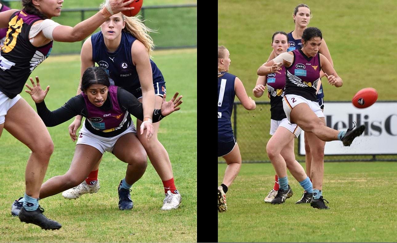 Pulli Gardiawasam guards space while Eloise McCrae gets her kick away