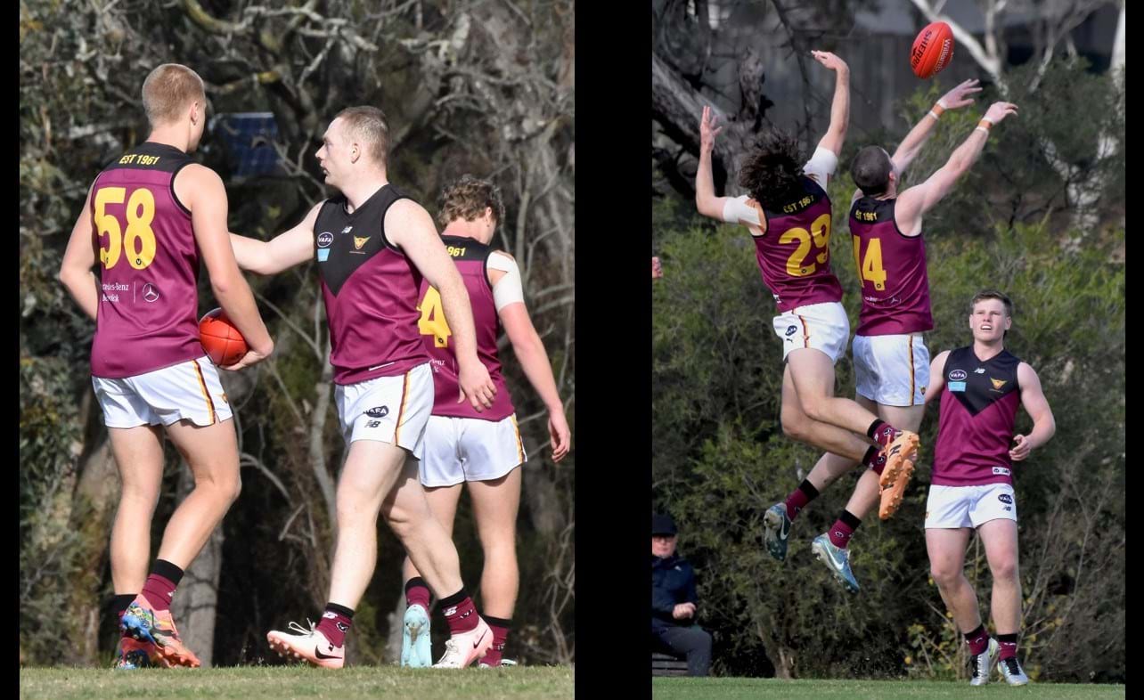 Debutant Lachlan Giliam (58) on the end of Dre Stefanakis' advice prior to kicking his first goal in senior football; defenders Will Paul (29) and Durras Seccull (14) were near impassable