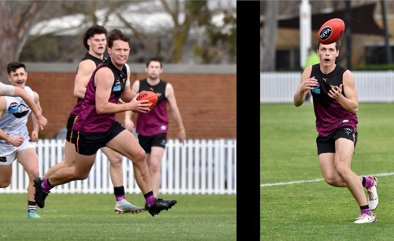 Peter Gleadhill about to deliver the ball and Charlie Sinclair about to receive it