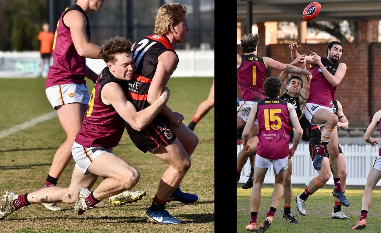 Lucas Hornblower lays a tackle, Joel Chilcott (1) and Jack Bell contest a mark with Jasper Waring (15) waiting below