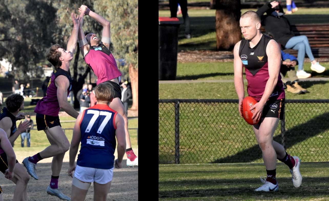 Defenders Hugo Lynch and Will Paul repel another attack; Dre Stefanakis lines up for another of his five goals