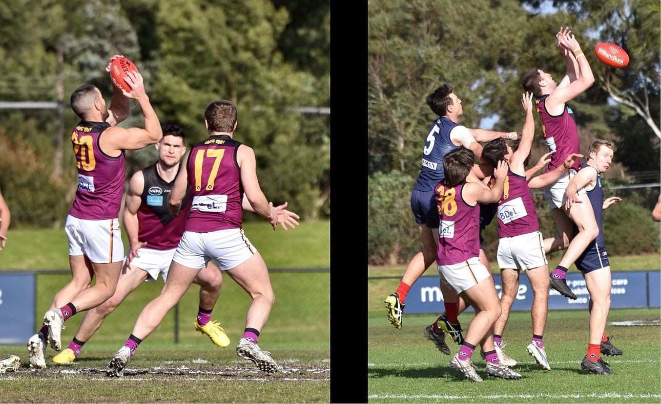 James Magner (20) marks firmly in front of team mates Brede Seccull and Liam Wood (17); Durras Seccull tries the same backed up by Max Walstab (38) and Charlie Sinclair (47)