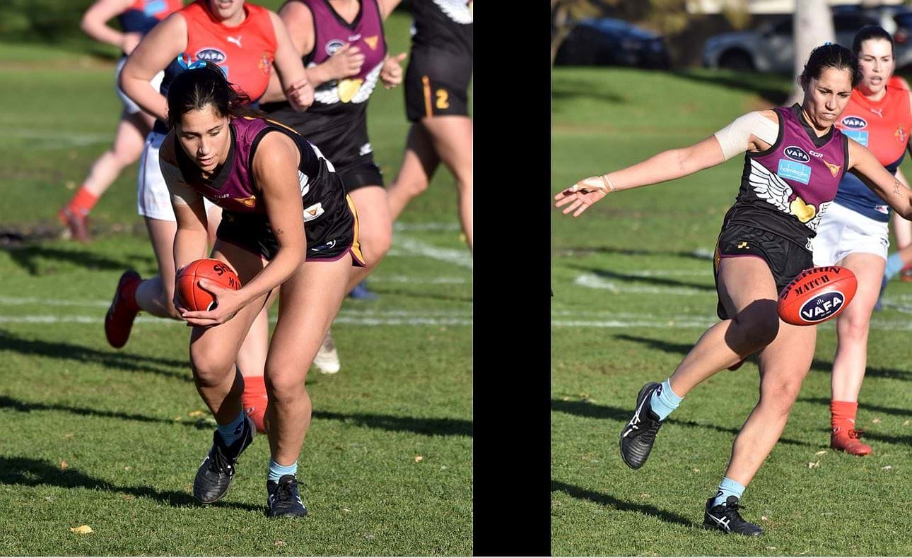 Eloise McCrae gathers and kicks for the Hearts