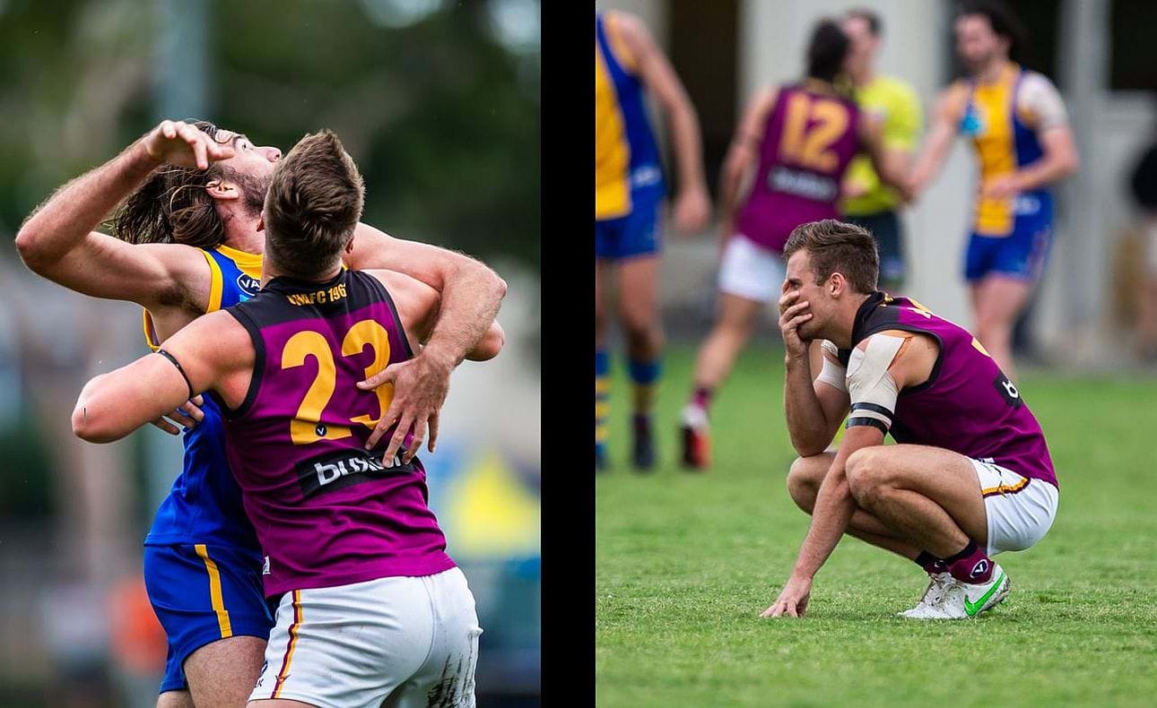 Lachie Treverton (23) battles in the ruck and Brodie Steele contemplates a narrow loss by less than a kick