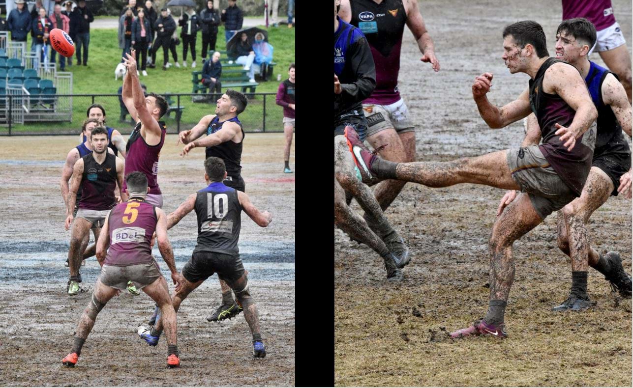 Lachie Treverton in front for a ruck contest, Max Sinclair on the left foot