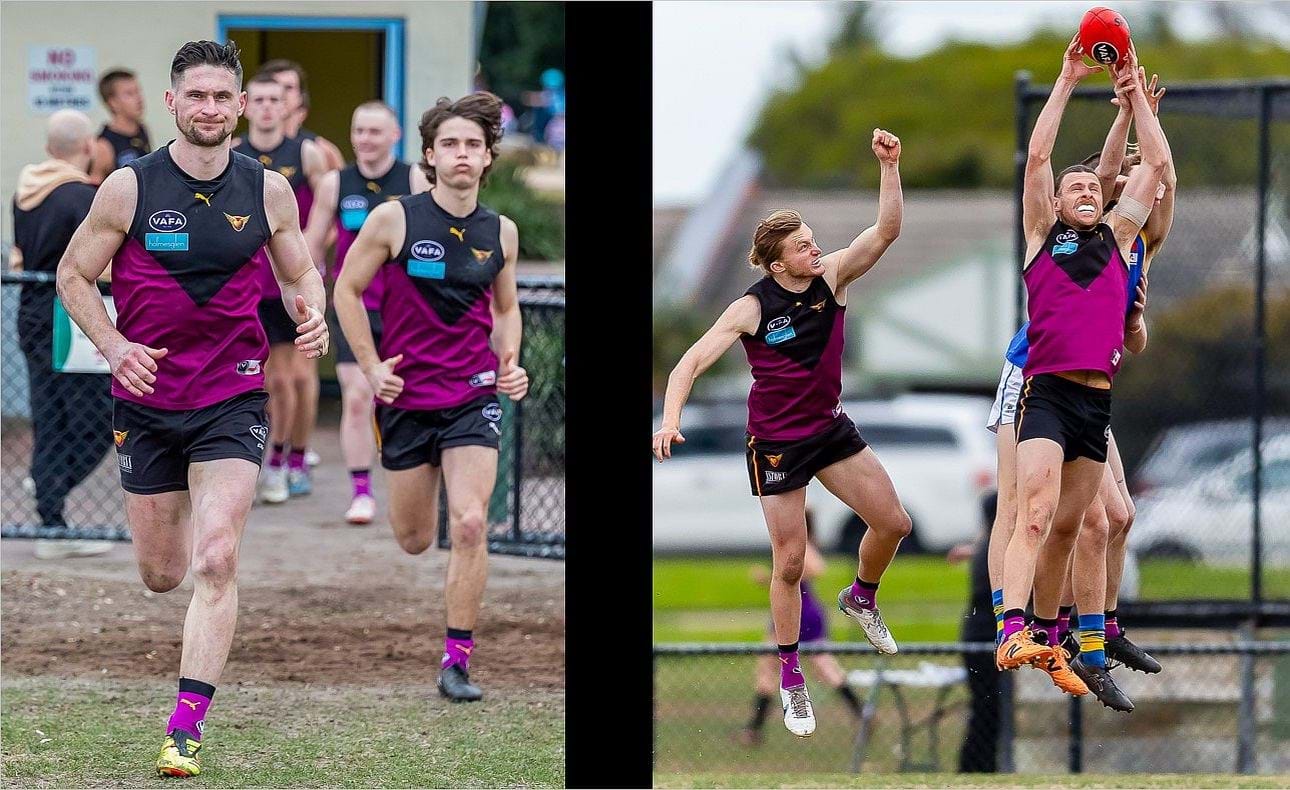 The warrior captain's face belongs to Brede Seccull as he leads the Bloods out, with Noah Higgins nearest behind; Will Paul marks with Rayner Seccull ready to spoil