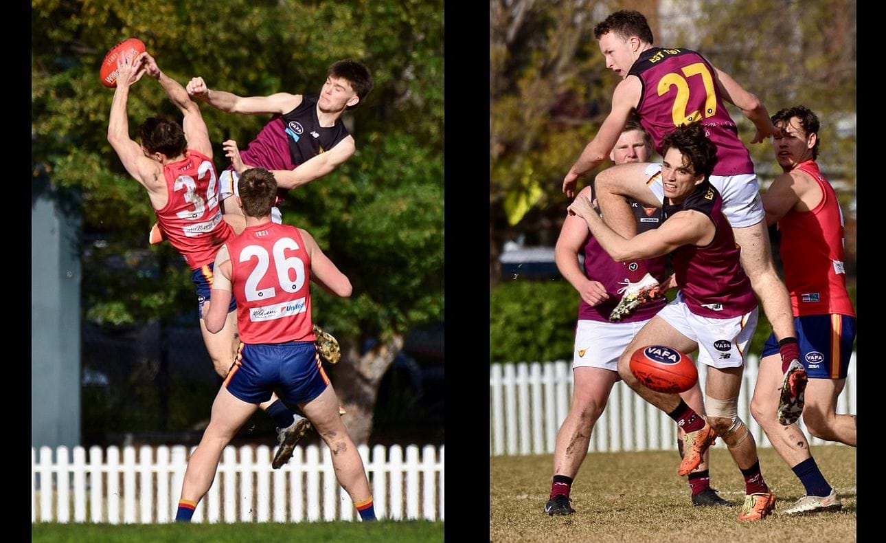 James Blight and Jasper Russell (27) up in the air, Noah Higgins below