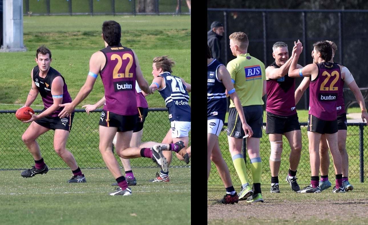 Stuart Connolly looks ahead to George Aivatoglou (22), who then helps Jeremy Bourke celebrate his goal late in the game