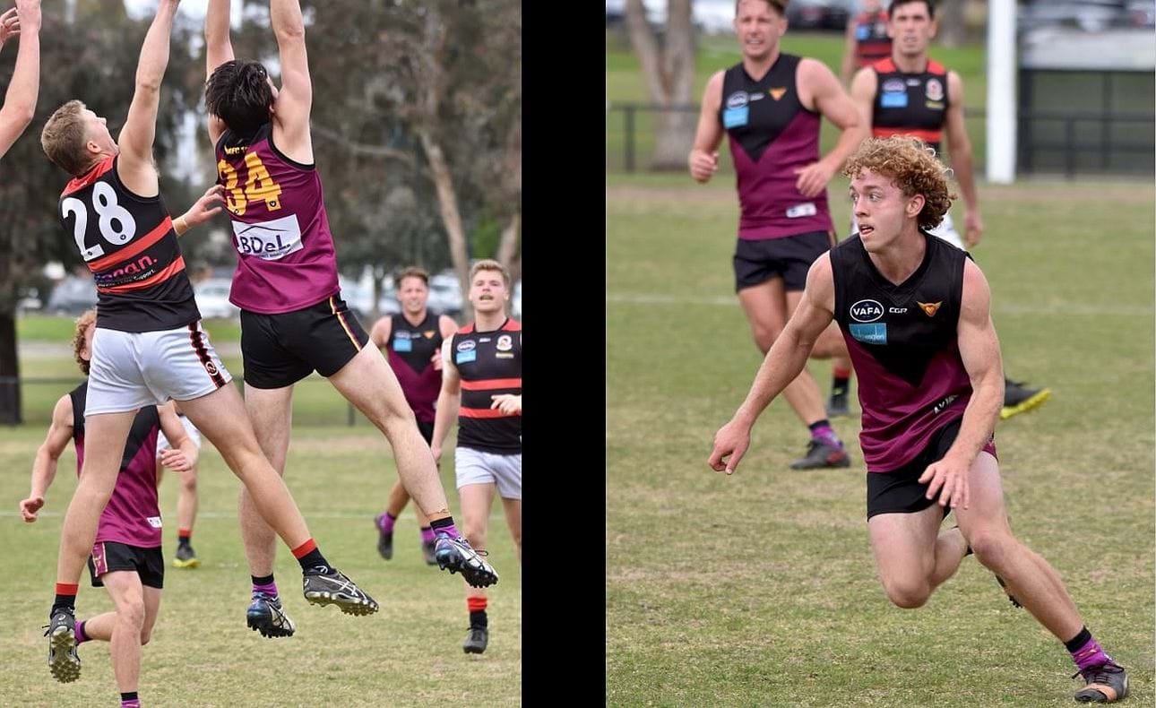 Reserves captain Stuart Connolly (34) flies for a mark and Jesse Laity scouts the pack