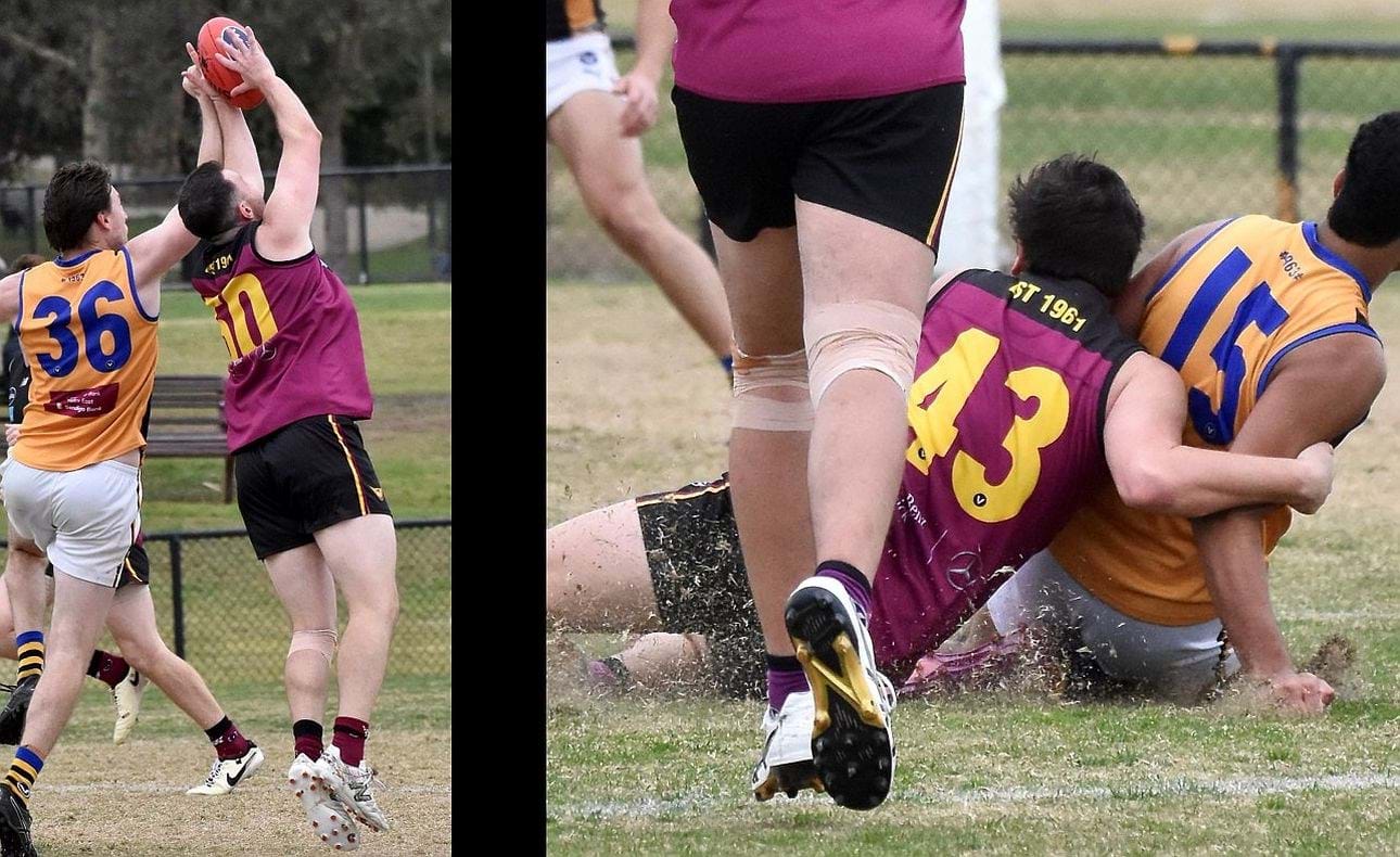 Jacob Gown (50) brings down a mark and Ben Oakes (43) an opponent