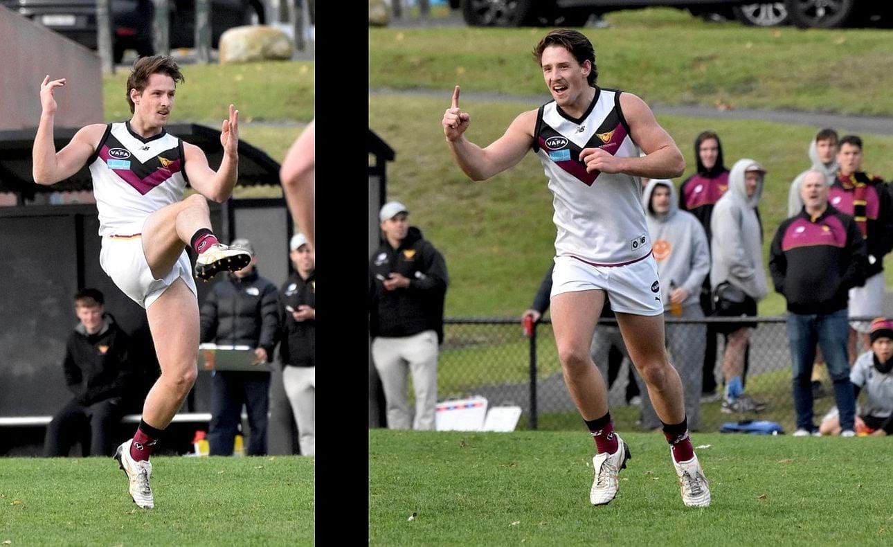 Harrison Jones kicks truly and celebrates in front of a pleased coach Daniel Ward