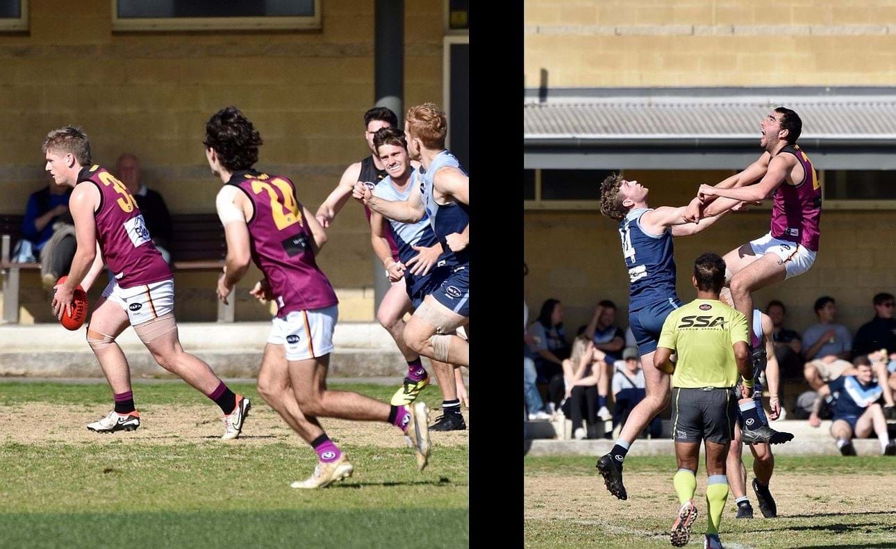 Liam Kirkwood-Scott on the charge ahead of Charlie Sinclair; Jack Bell leaps high in the ruck