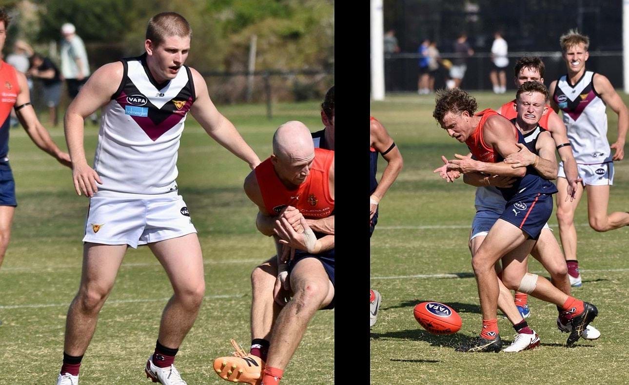 Liam Kirkwood-Scott observing a tackle at close quarters, Rayner Seccull applying one