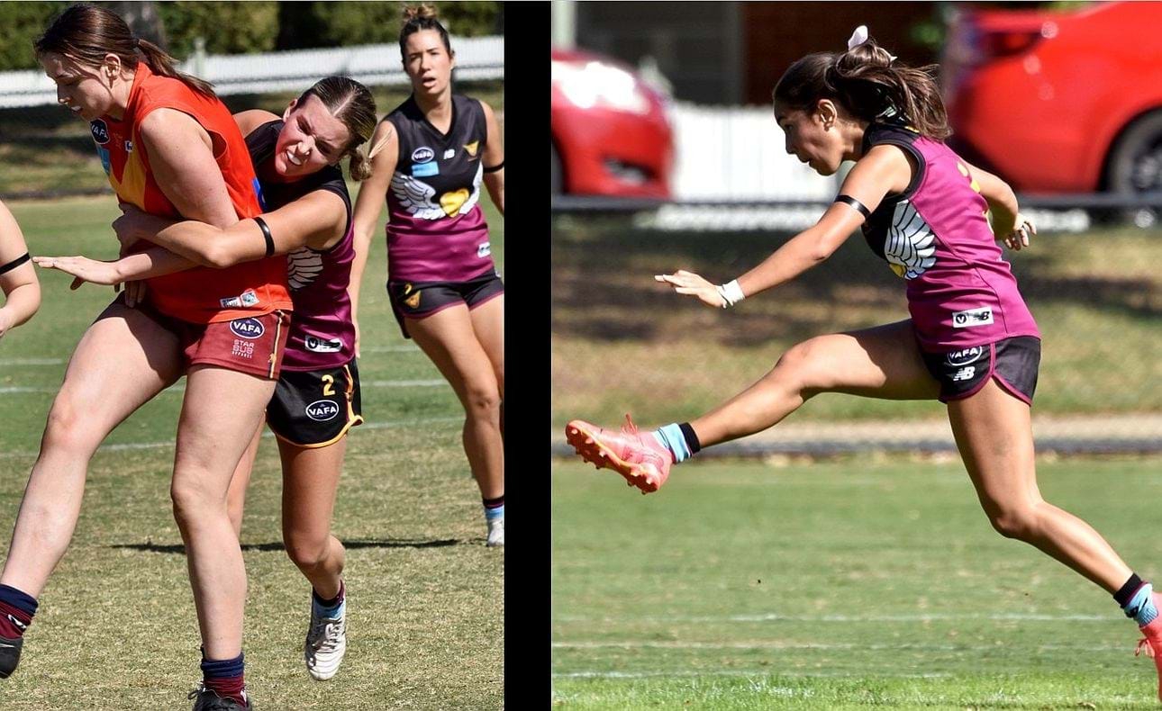 A tackle from Kate Langford-Jones and a long kick forward from Jasmine Bettess