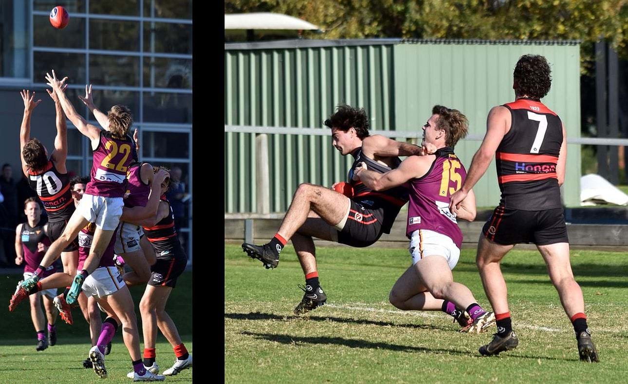 High flying Mattias Rose (22) and Castan Racunica (15) on his return to the senior team