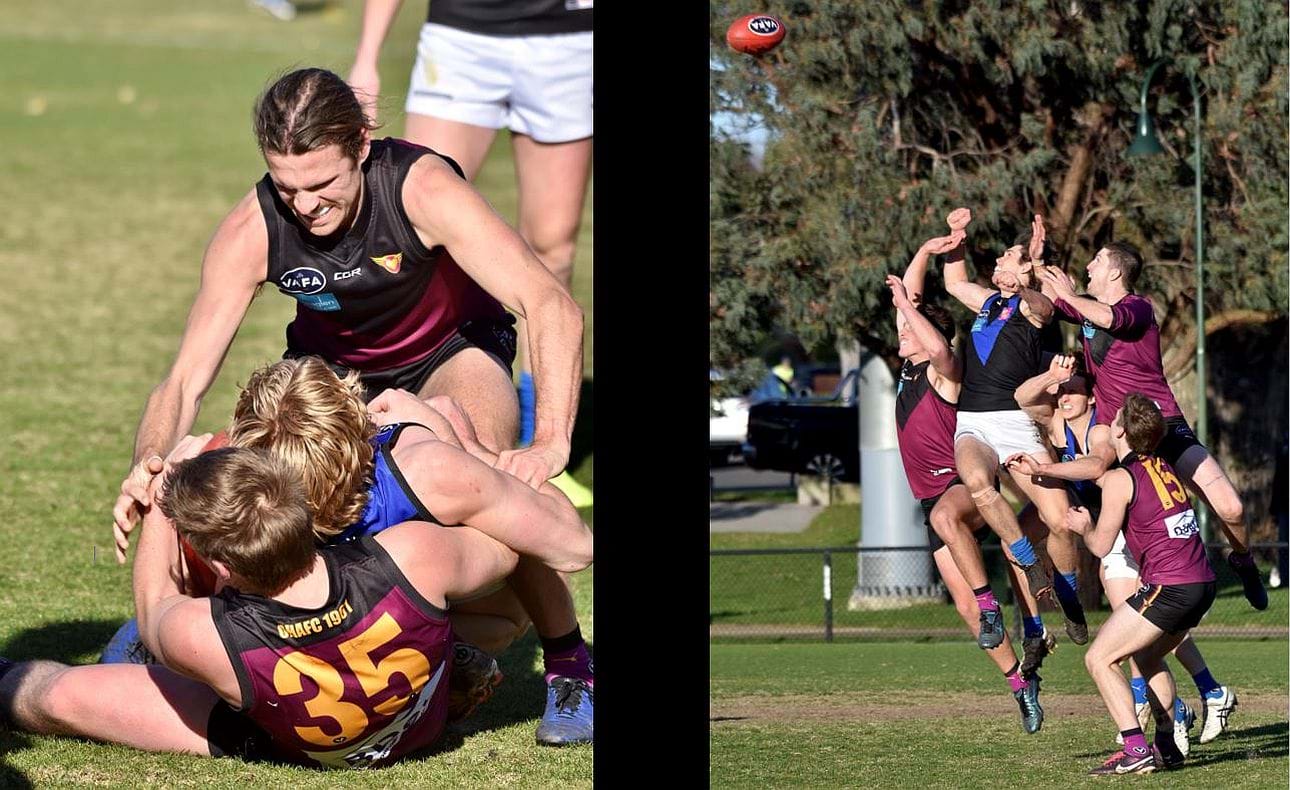 Will Paul and Liam Kirkwood-Scott (35) surround a Uni Blues opponent; Durras Seccull rides high at the back of the pack