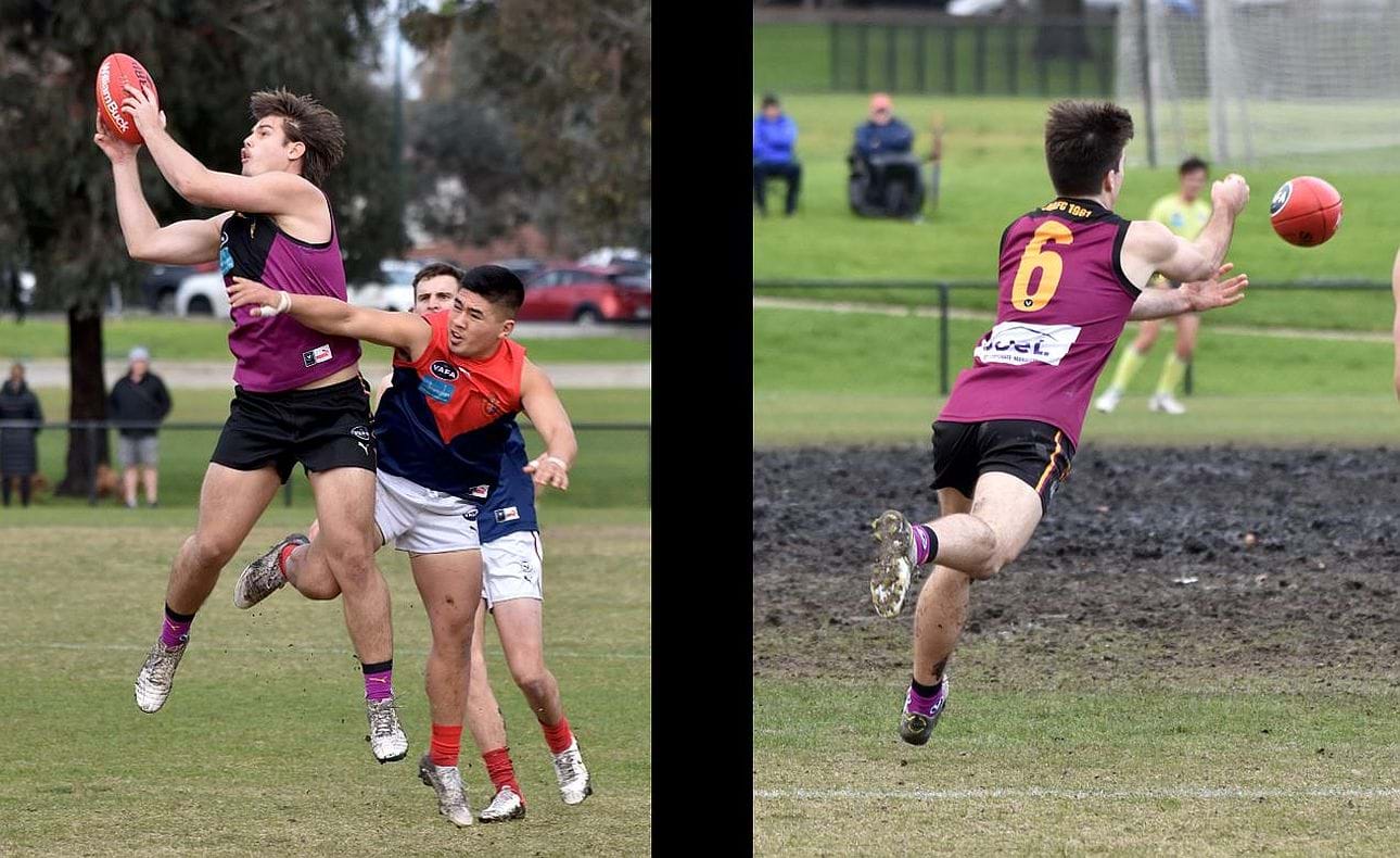 Young forward Max Walstab marks and mid-fielder Josh Gasparini (6) shoots out a handball