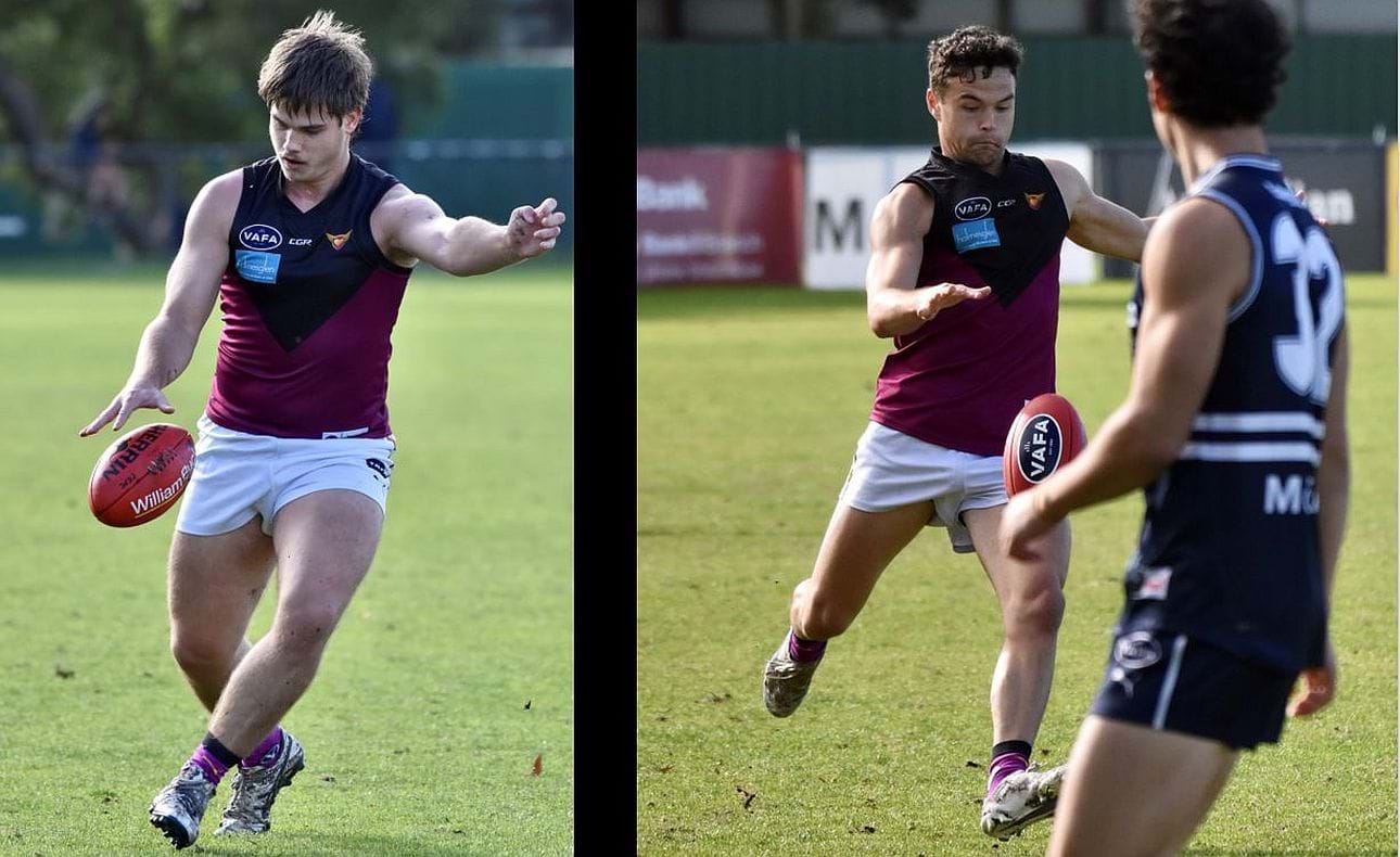 The kicking actions of forwards Max Walstab and Sam Loewe