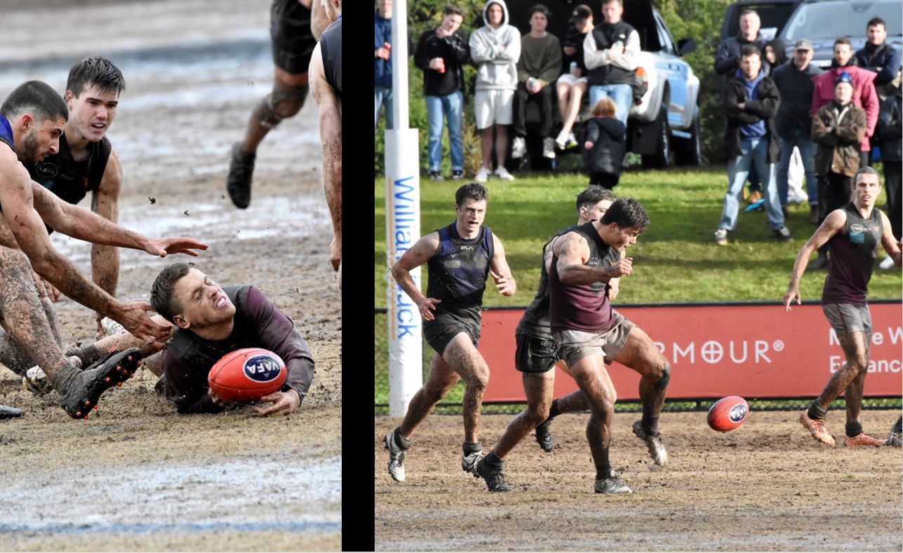 Jack Lonie at ground level and Bill Mackay just getting his kick away