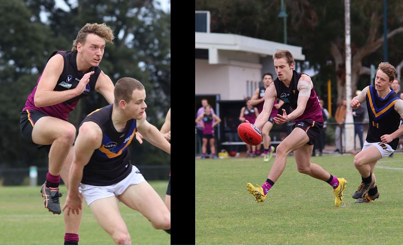 Charlie Begg leaps over his Old Carey opponent while Will Tuffley gathers in front of his