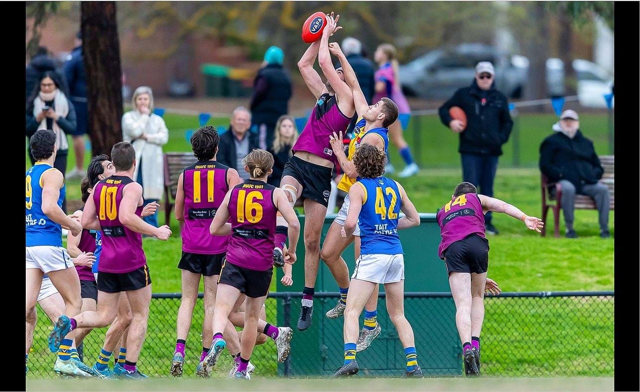 Ruckman Jack Bell rises for a mark watched by team mates Max Sievers (10), Lachie Vaughan (11), Rayner Seccull (16) and the off-balance Durras Seccull (14)