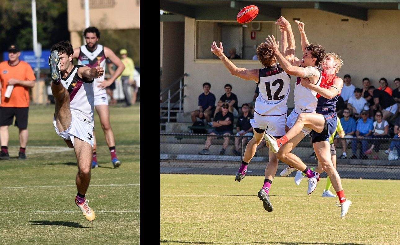 Charlie Sinclair kicks for goal; Hugo Lynch (12) and Kye Turner compete in the air