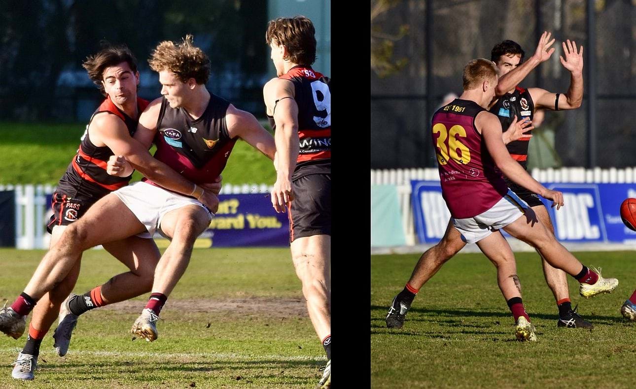 Joel Chilcott surrounded, Lachlan Gilian (36) kicks away