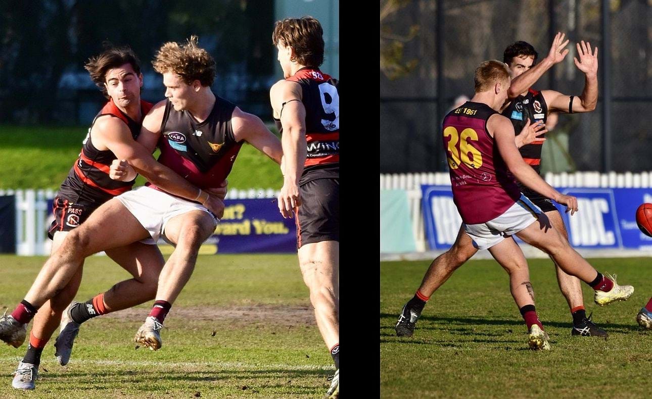 Joel Chilcott surrounded, Lachlan Gilian (36) kicks away