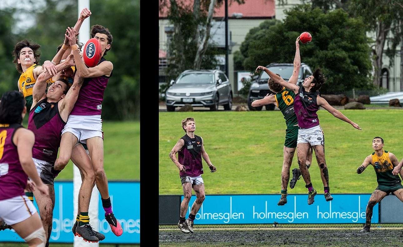 Ethan Hardeman rises above the pack; Michael Cowell contests the hitout watched by Mitchell Kirkwood-Scott