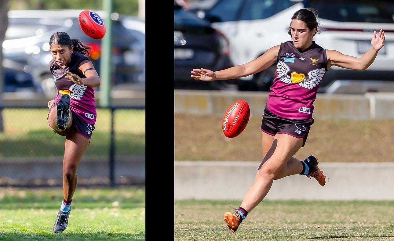 Kicking away are Pulli Gardiyawasam and Leesa Guastella