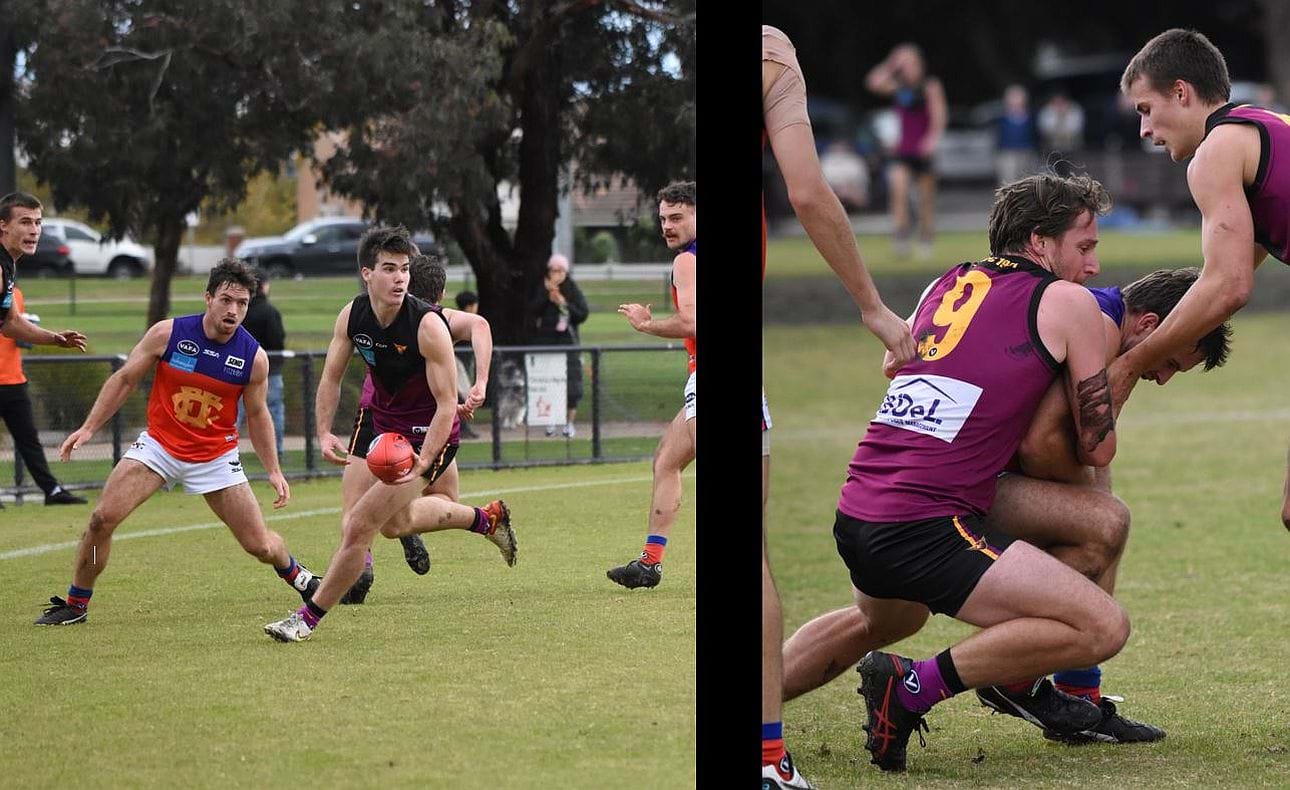 Josh Gasparini on the turn and veteran Peter Gleadhill (9) laying a comprehensive tackle on his return from injury