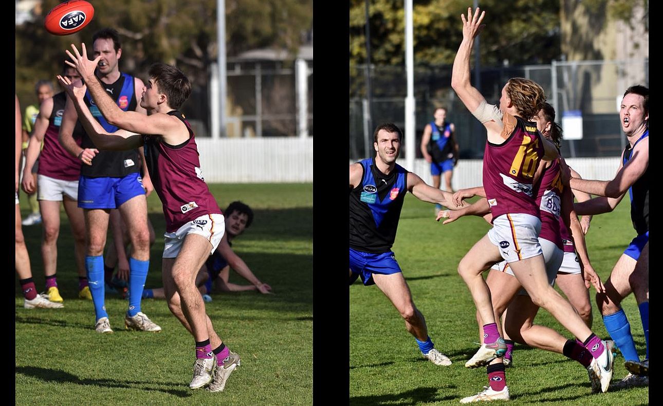 The prolific Josh Gasparini and defender Rayner Seccull in the thick of it