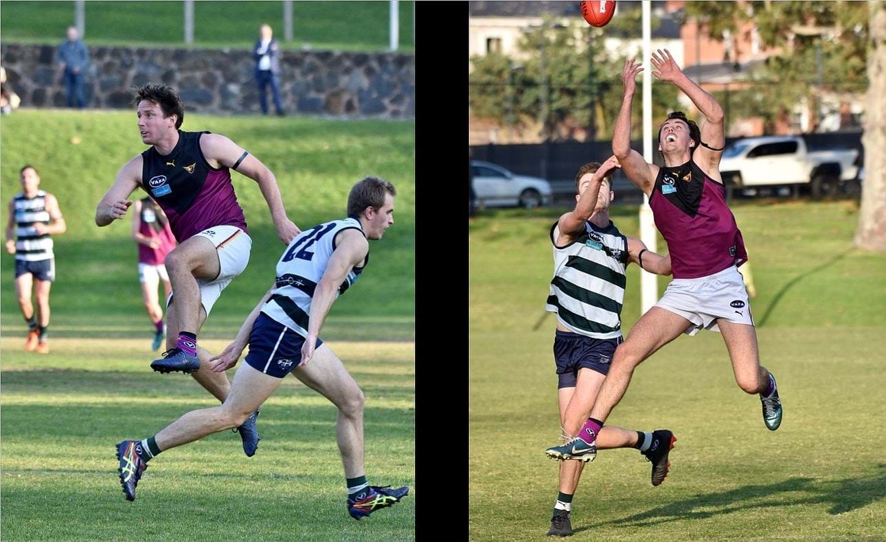 Peter Gleadhill clears in his second game for the day, Lachie Vaughan about to mark