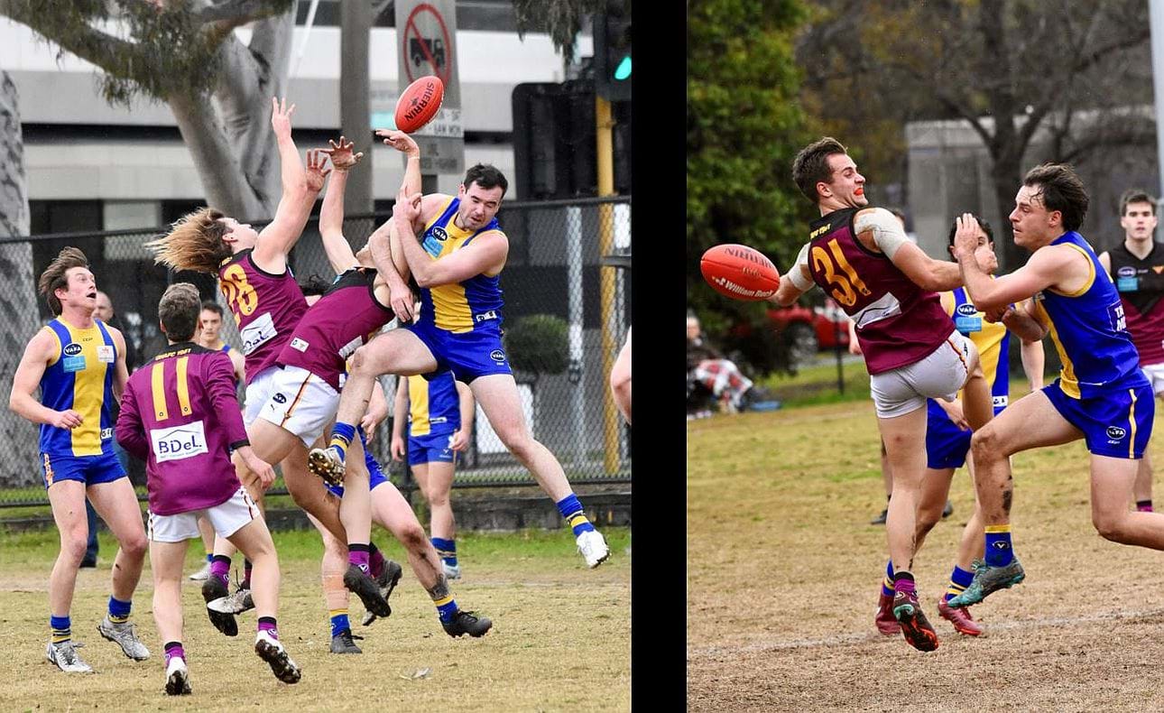 The ball eludes Castan Racunica (28) and Brodie Steele (31)