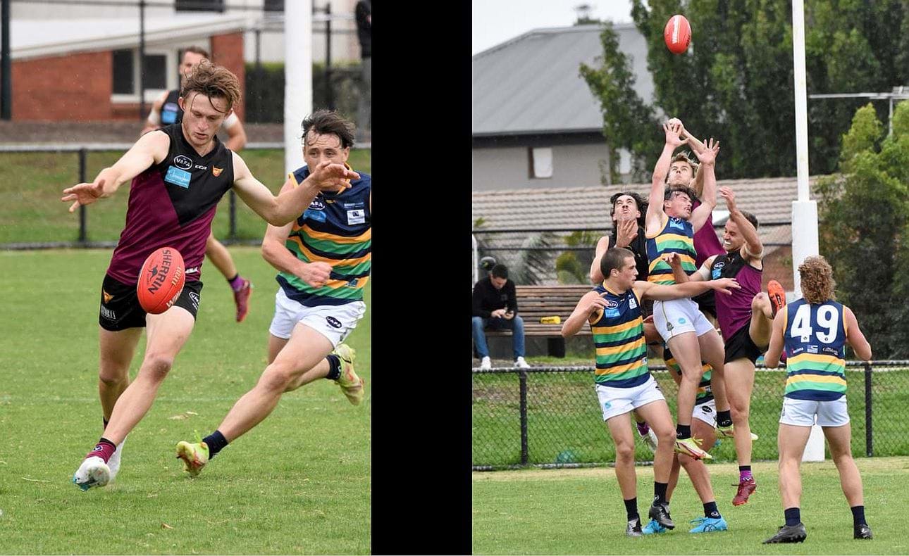 Rayner Seccull all concentration as he kicks away; Mattias Rose rises above the pack