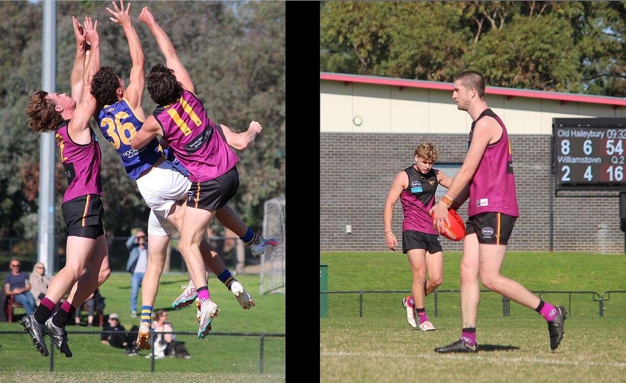 Defenders Lachie Vaughan (11) and Hugo Lynch combine to spoil; Durras Seccull lines up the goals with the Bloods already well in front