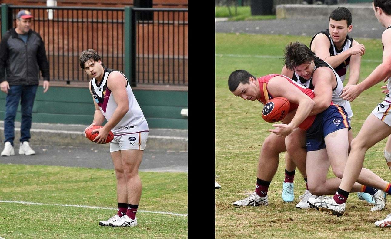 Max Walstab eyes a kick for goal around the corner then wraps up his Old Scotch opponent