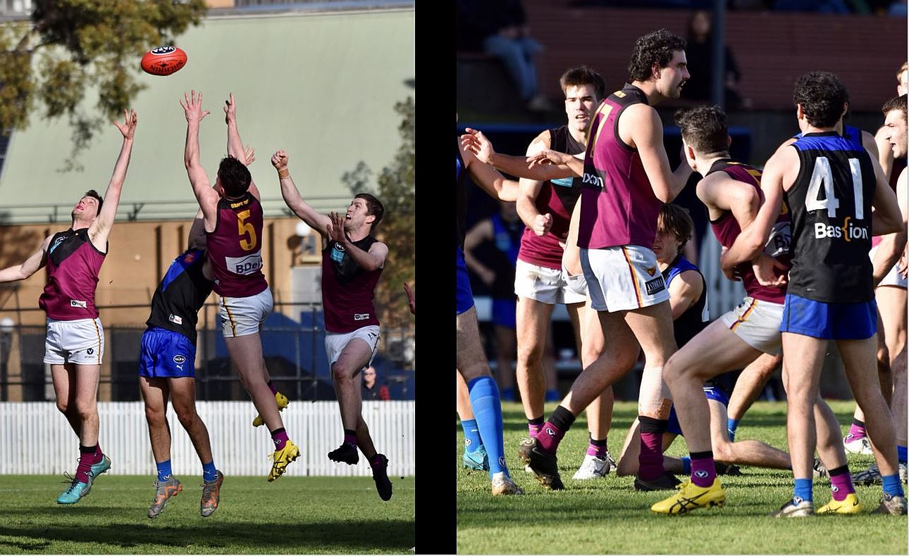 Brede Seccull (5) outstretches brother Durras behind and Joel Constable in front; a ferocious looking Jack Bell