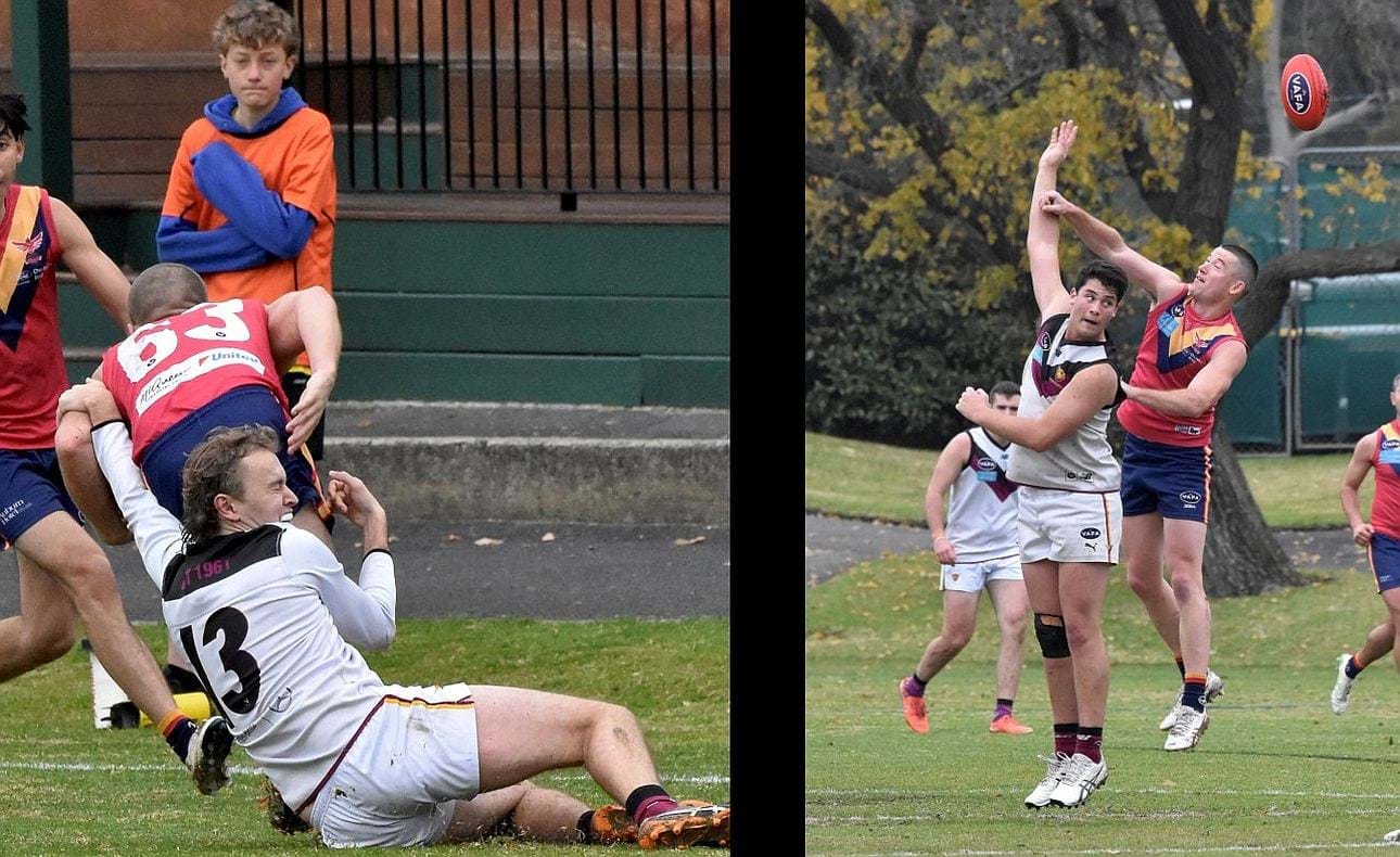 Angus Bonwick hangs on grimly, Ethan Hardeman in the ruck
