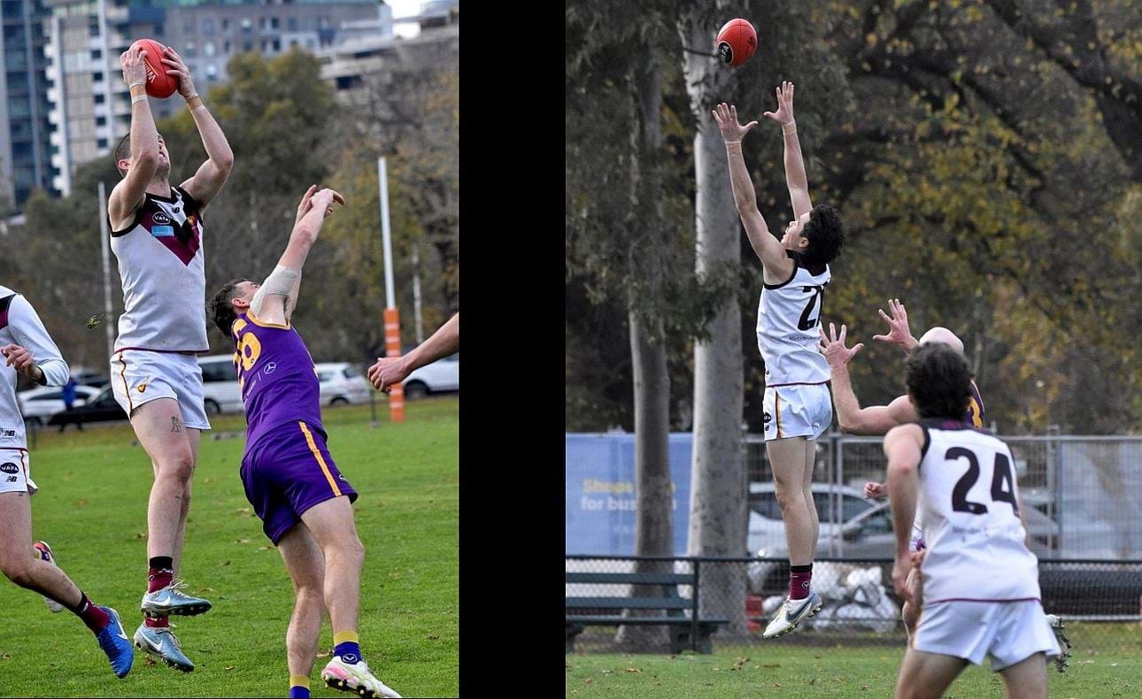Durras Seccull holds up in defence and Josh Docking (21) stretches to mark too