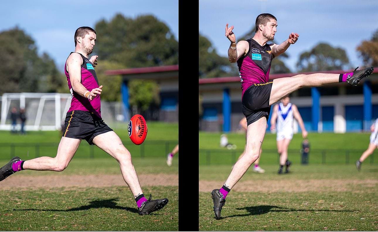 Durras Seccull stretching the hammies with a kick downfield